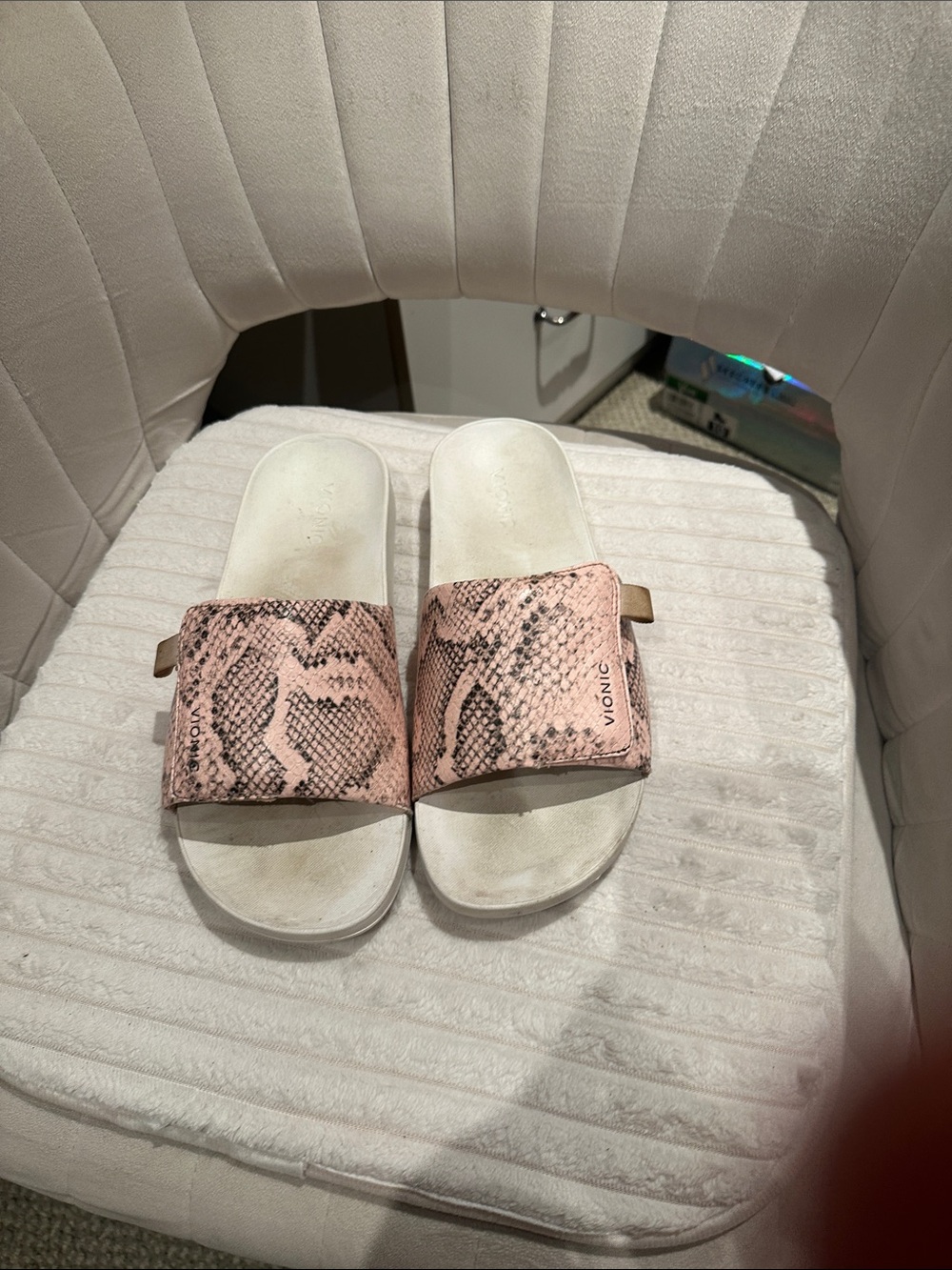 Vionic Pink Snake-Print Slide Sandals